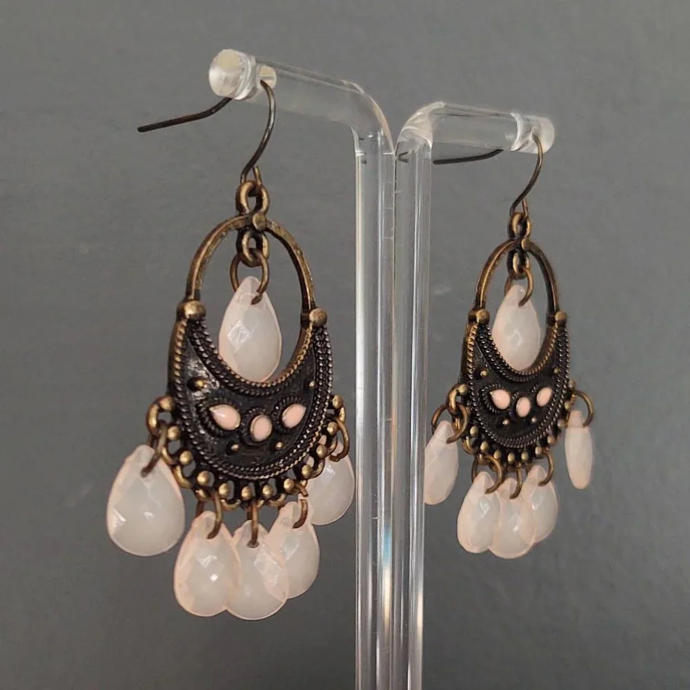 Antique gold, pink enamel and pink dangle beaded earrings